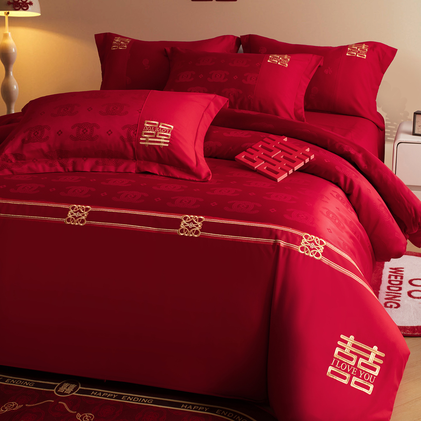 婚庆结婚四件套大红色提花被套床单婚房陪嫁送礼喜被全套被子七件|ru