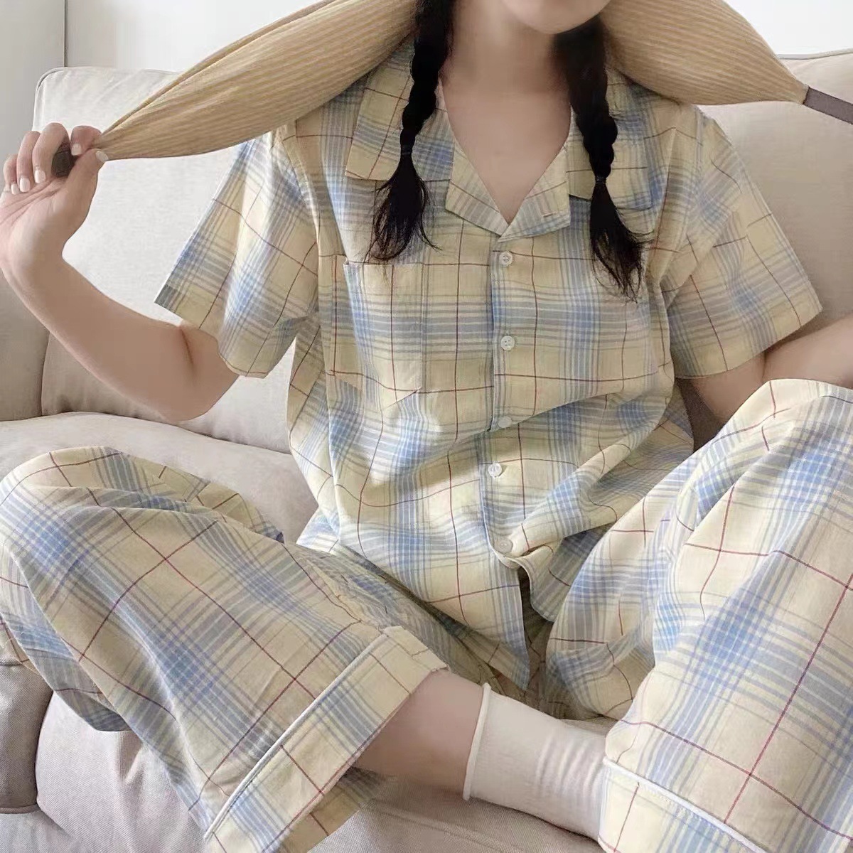 2025 primavera y verano pijamas de mujer pantalones de manga corta en un nuevo cardián casual suelto se puede usar en el hogar conjunto de ropa
