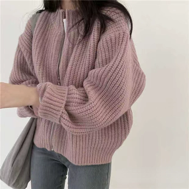 Демисезонная Retro Zip кардиган из пряжи, женская свободная куртка, ребристый воротник-стойка