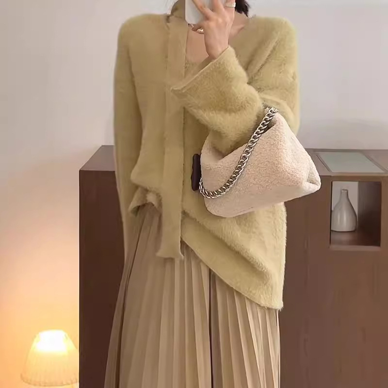 Sciarpa con scollo a V in stile coreano con pullover in pelliccia di visone, morbida maglia appiccicosa per l'autunno e l'inverno delle donne_voghion.com