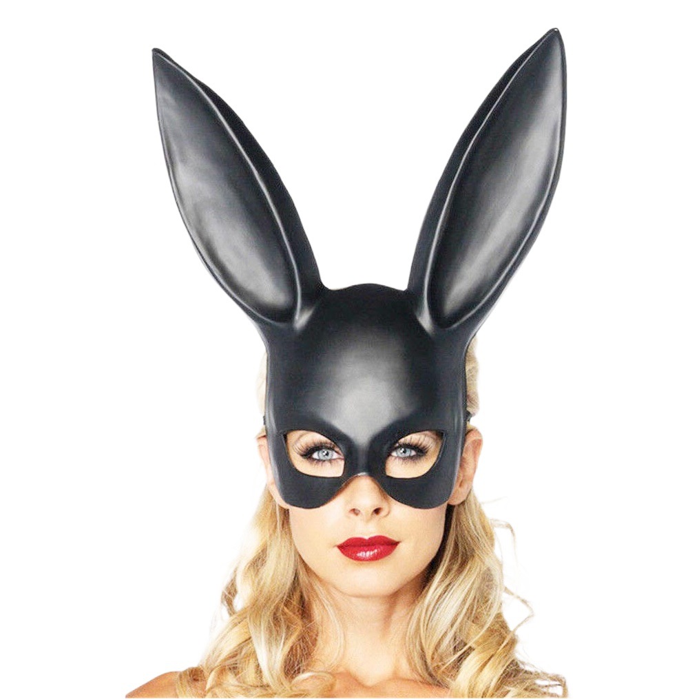 Venta caliente de Europa y América orejas largas conejo chica máscara PVC plástico móvil Halloween flexible tamaño libre independiente Negro