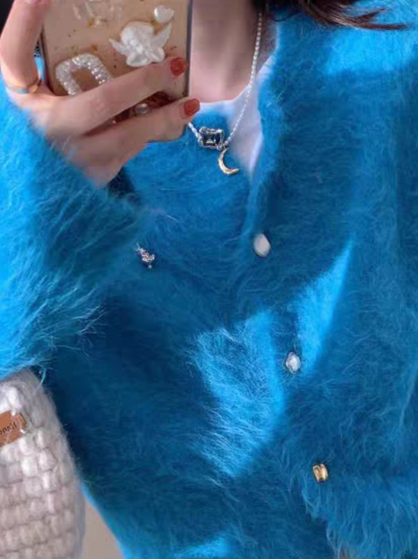 克莱因蓝色羊驼毛羊毛针织衫毛衣开衫小众女早秋季氛围感穿搭|undefined
