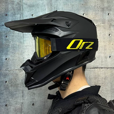 3C Off-Road Safety Helmet Motorcycle Helmet – Motosiklet kaskı (dəbilqə) - matte-black-with-orz-black-frame-gold-mirror-comes-with-gloves-and-mask-s