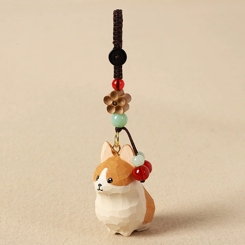 Handmade Wood Carving Keychain Pendant, Cute Dog & Fortune Designs, Birthday Gift, 10 g