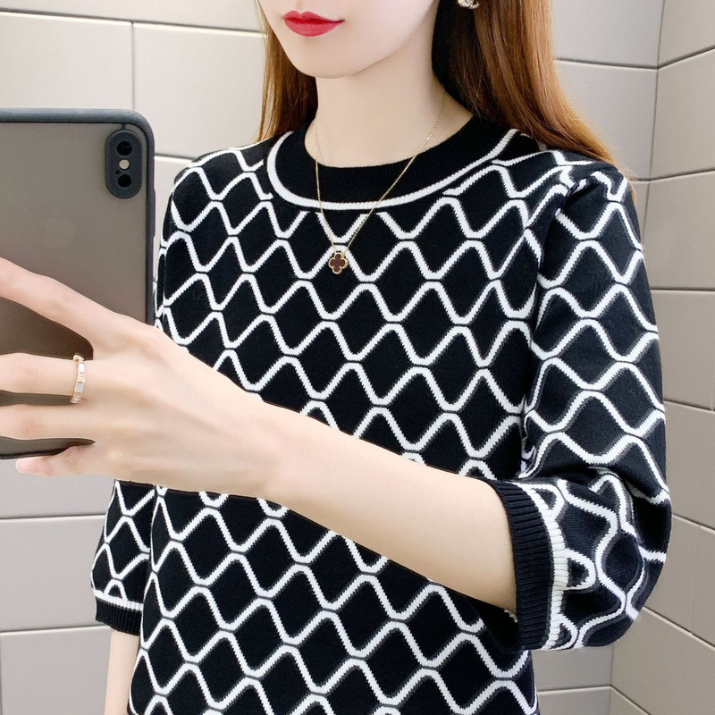 Spring and Autumn Fashion New Style Diamond-Shaped Color-Blocking Pullover Versatile Slim-Fit Round-Neck Loose Sweater Knit Top