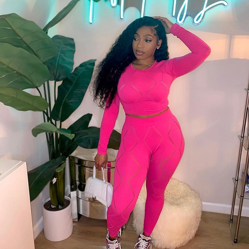 Casual Solid Color Spandex Polyester Ripped Hollow Out Pants Sets 2 Piece Set