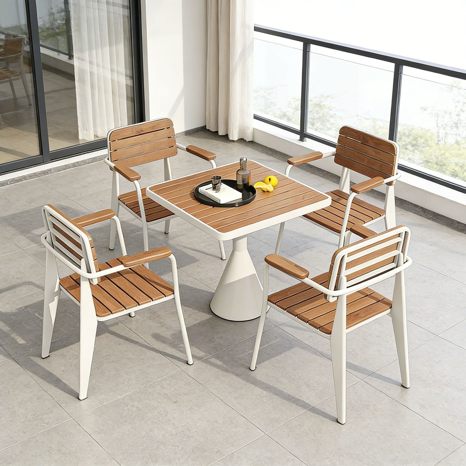 Outdoor plastic wood table and chair set, suitable for casual milk tea shops, cafes, small round tables, music bars, and rest areas; one table with four chairs