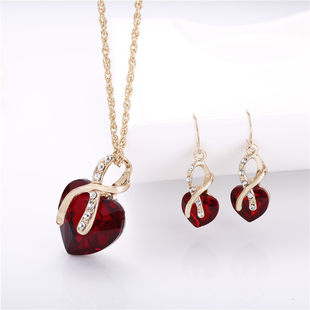 Foreign trade European and American wedding heart-shaped love crystal glass earrings necklace jewelry set for women