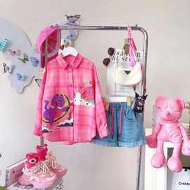 女童夏款2025洋气时尚中大童休闲薄款粉色格子衬衫网红潮女孩长袖