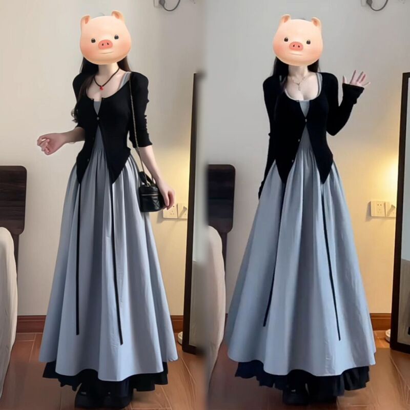 Gentle Blue Suspender Dress for Women, Sweet and Spicy Girl Style, Cardigan Outerwear, Cool Long Skirt, Casual and Relaxed Outfit