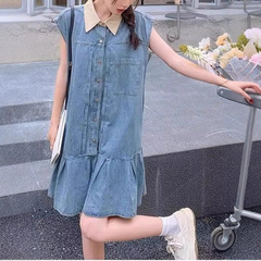 ファットMMデニムドレス女性用150kg大きいサイズカレッジスタイルルーズコントラストカラーインミドル丈スカートスプライシングシャツ