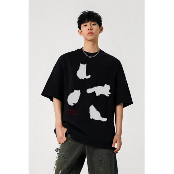 Short-sleeved T-shirt Men's 2025 Summer New American Fashion Brand 220g Heavy Cat Printed Loose Half-sleeved T-shirt