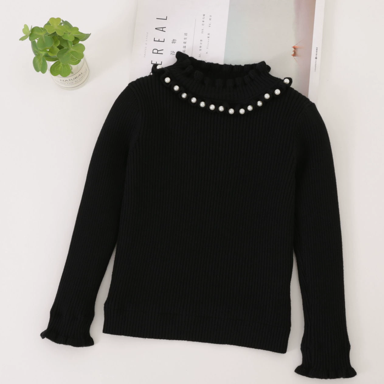Sweater, fleece colored knitted down jacket from pearl, high collar, for teenagers