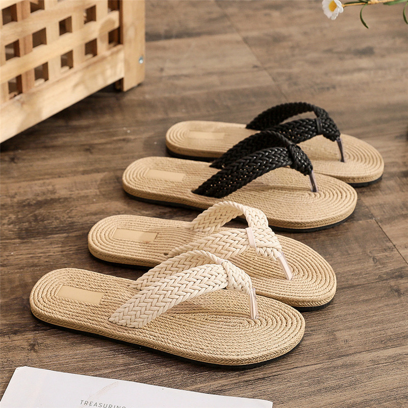 Cross-Border Summer New Style Imitation Hemp Rope Travel Espadrille Women's Sandals Outer Wear Flip-Flops Women's Beach Flat Flip-Flops