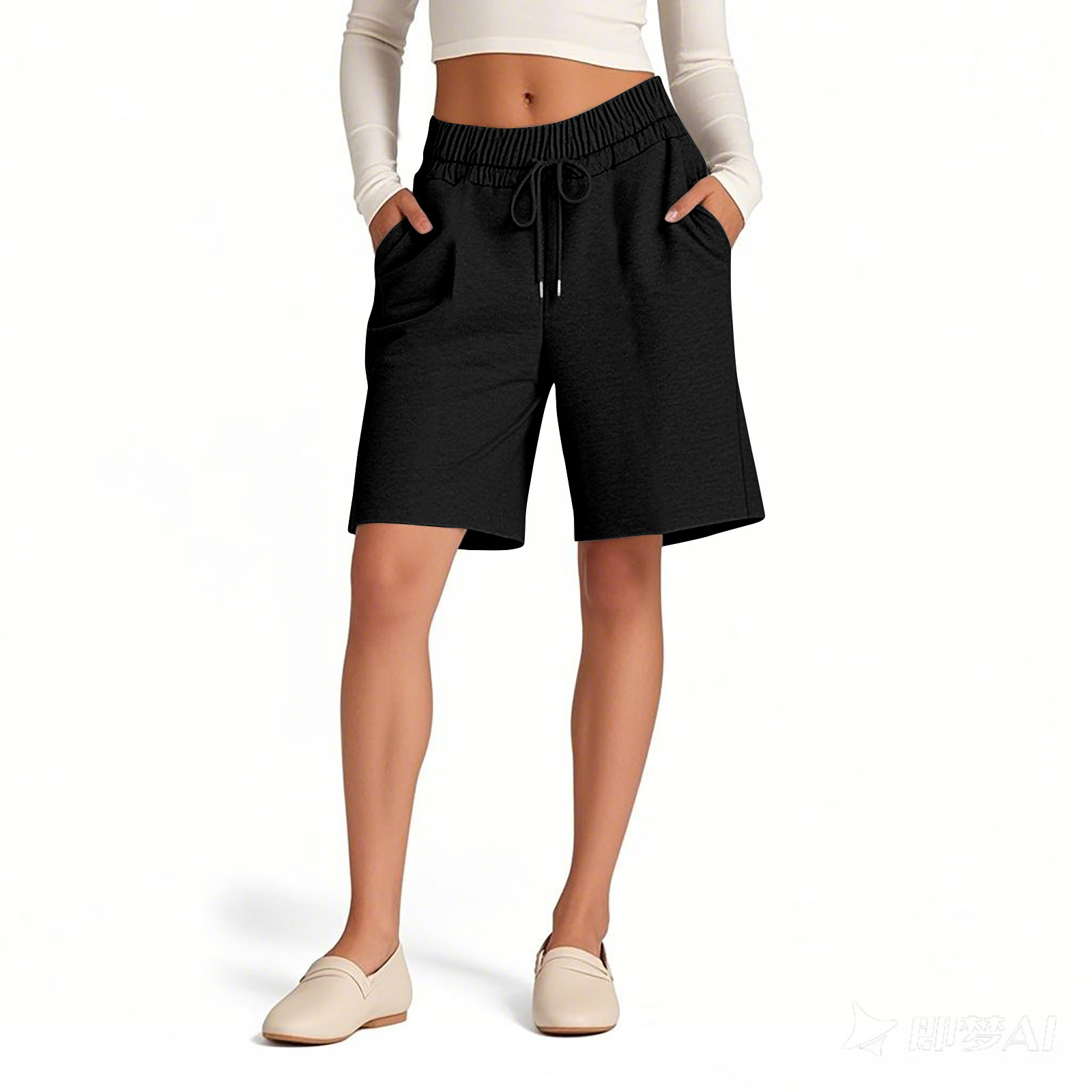 Loose Fit Women's Shorts Elastic Waist Solid Colour Casual Style_voghion.com