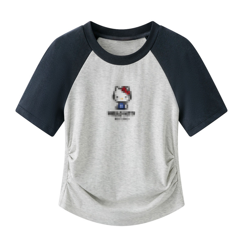 In Stock 2026 New Women's Style Short-Sleeved T-Shirt with Contrasting Color Sleeves and Cartoon Print with Side Pleats Rk7100107 In Stock 2026 New Women's Style Short-Sleeved T-Shirt with Contrasting Color Sleeves and Cartoon Print with Side Pleats Rk7100107