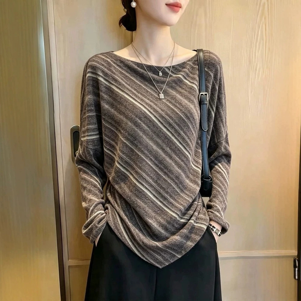 Women's autumn long-sleeved T-shirt with irregular brown stripes, loose and casual design, stylish base layer top