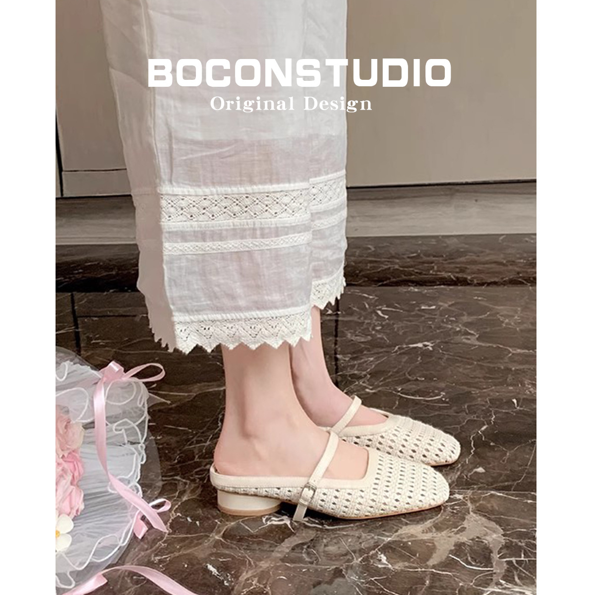Retro woven mule made of sheepskin leather