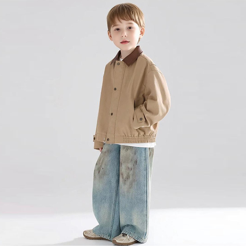 2025 Textured Anti-Wrinkle Twill Cotton Vintage Lapel Color-Block Jacket Casual Style Coat for Boys Autumn New Style