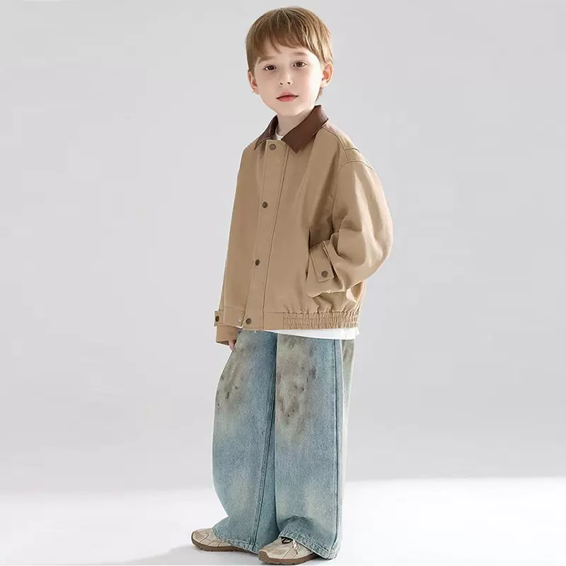 2025质感抗皱斜纹棉复古翻领撞色夹克休闲风外套男童秋新款