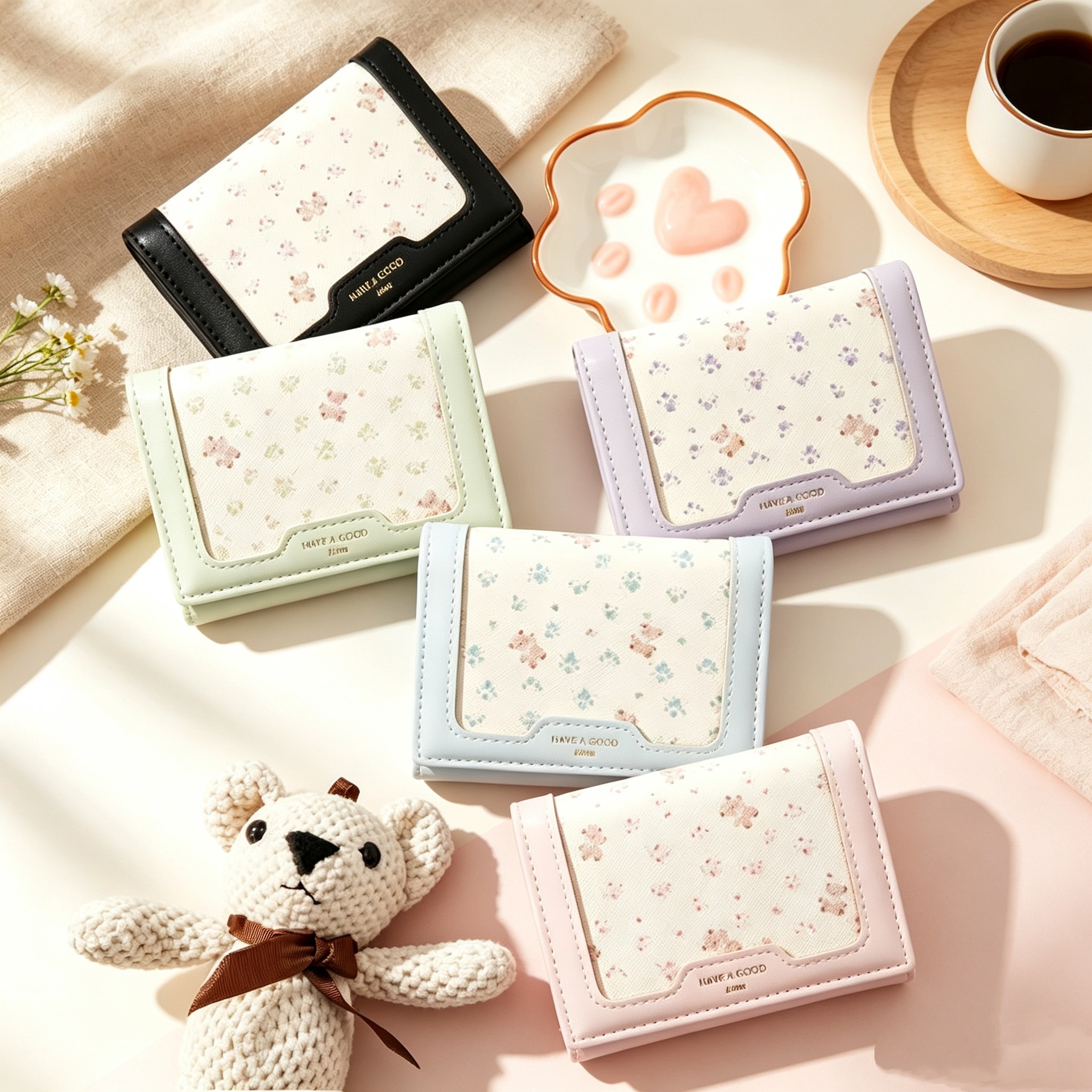 Daini Korean-style cartoon cute bear print patchwork color-block multi-card slot 70% off mini short wallet