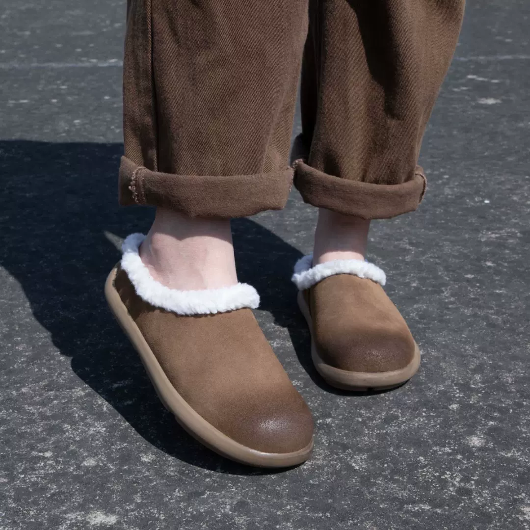 秋冬加绒真皮勃肯鞋女平底包头复古半拖加厚保暖拖鞋外穿一脚蹬