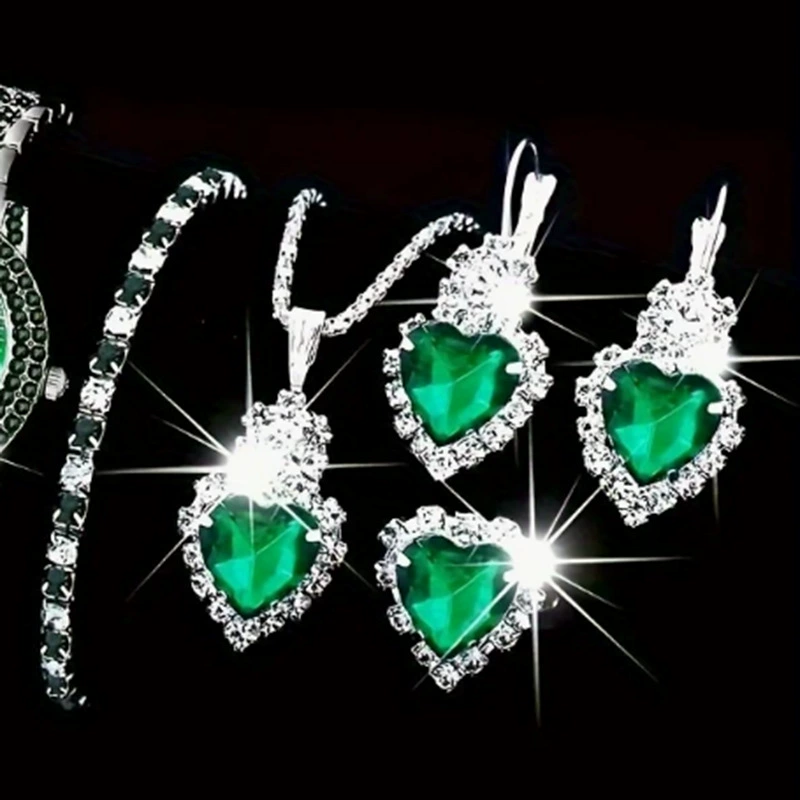 Европейский и американский комплект из четырех предметов с бриллиантами, новое светло-голубое ожерелье со стразами в форме сердца, серьги и кольцо, комплект из четырех предметов для женщин, трансграничный