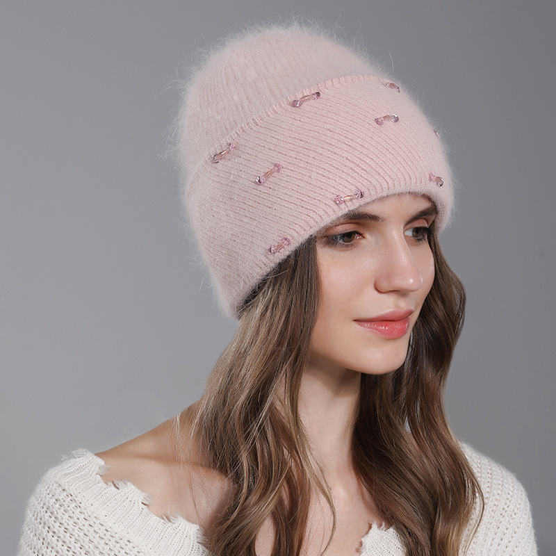 Poils de lapin tricotés pour enfants, mode chaude d'hiver. La laine est polyvalente pour les femmes avec des bords retournés et un double pli_voghion.com