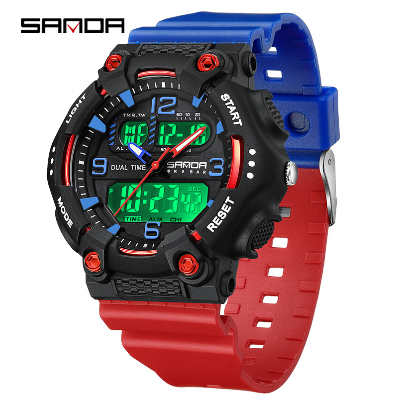 SANDA reloj juvenil de moda color contraste doble pantalla reloj multifuncional para hombres y mujeres estudiantes reloj electrónico de luz nocturna