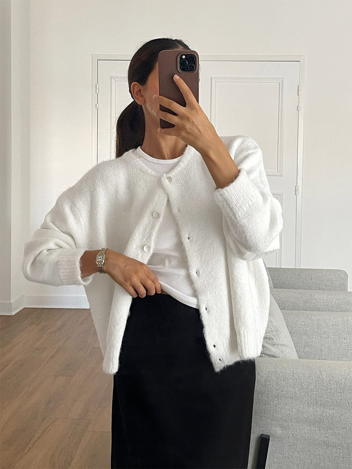 Áo khoác cardigan len nữ cổ tròn dài tay cài một hàng cúc phong cách retro thanh lịch — Màu trắng, Màu xám đậm, Xanh da trời, Xanh lá cây chi tiết 8