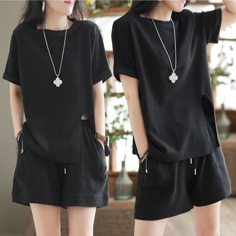 Casual Suit Shorts Loose Artistic Retro Slit Short-Sleeved T-Shirt Summer New Casual Fashion Women's Two-Piece Set Casual Suit Shorts Loose Artistic Retro Slit Short-Sleeved T-Shirt Summer New Casual Fashion Women's Two-Piece Set