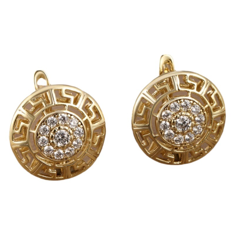 Xupe joyería de moda retro redondo patrón Gran Muralla diamante incrustado aleación oído anillo oído hebilla aleación chapado en oro pendientes elegantes para las mujeres