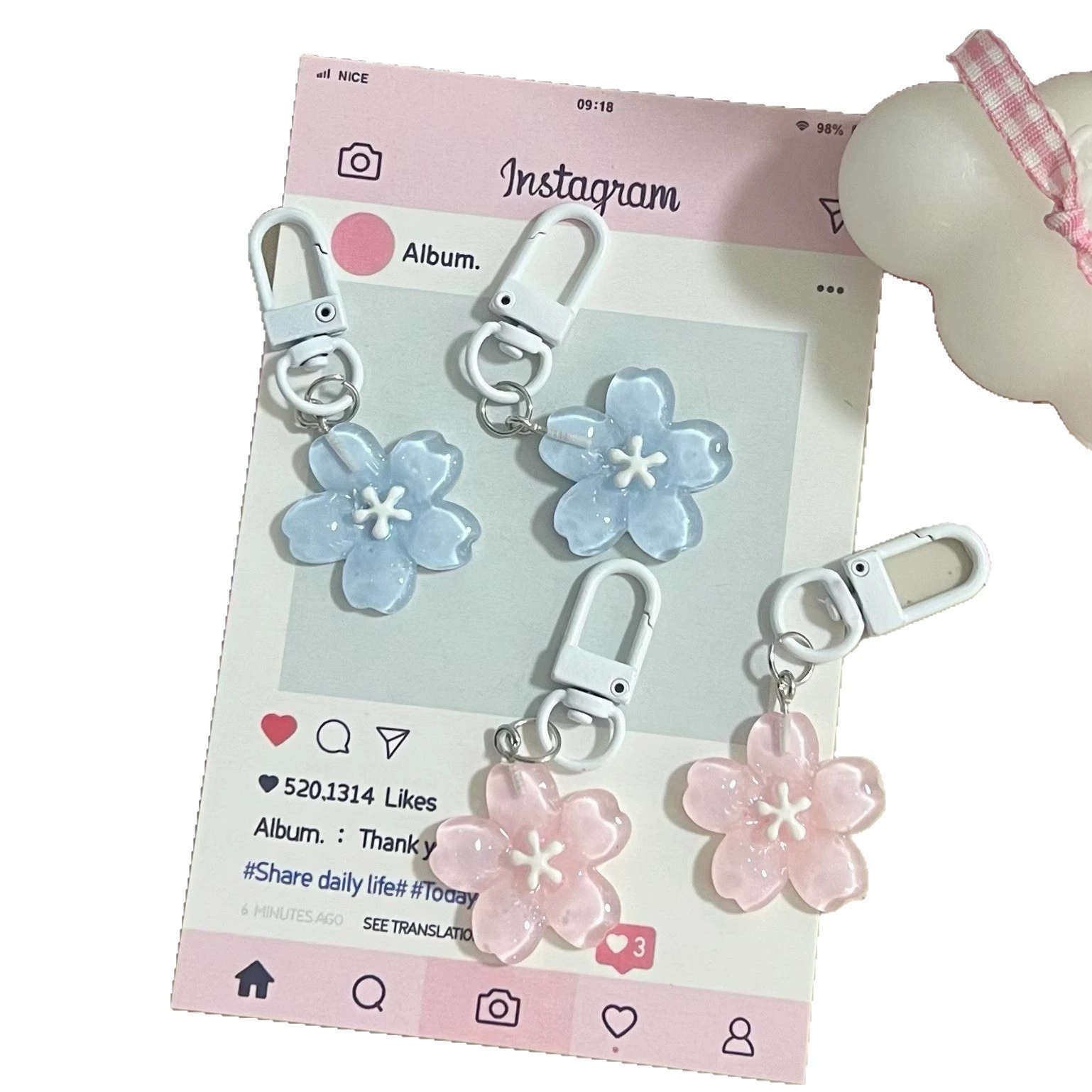 Keychain pendant floral accessory, 6.5 cm light charm with clasp — pink & blue options