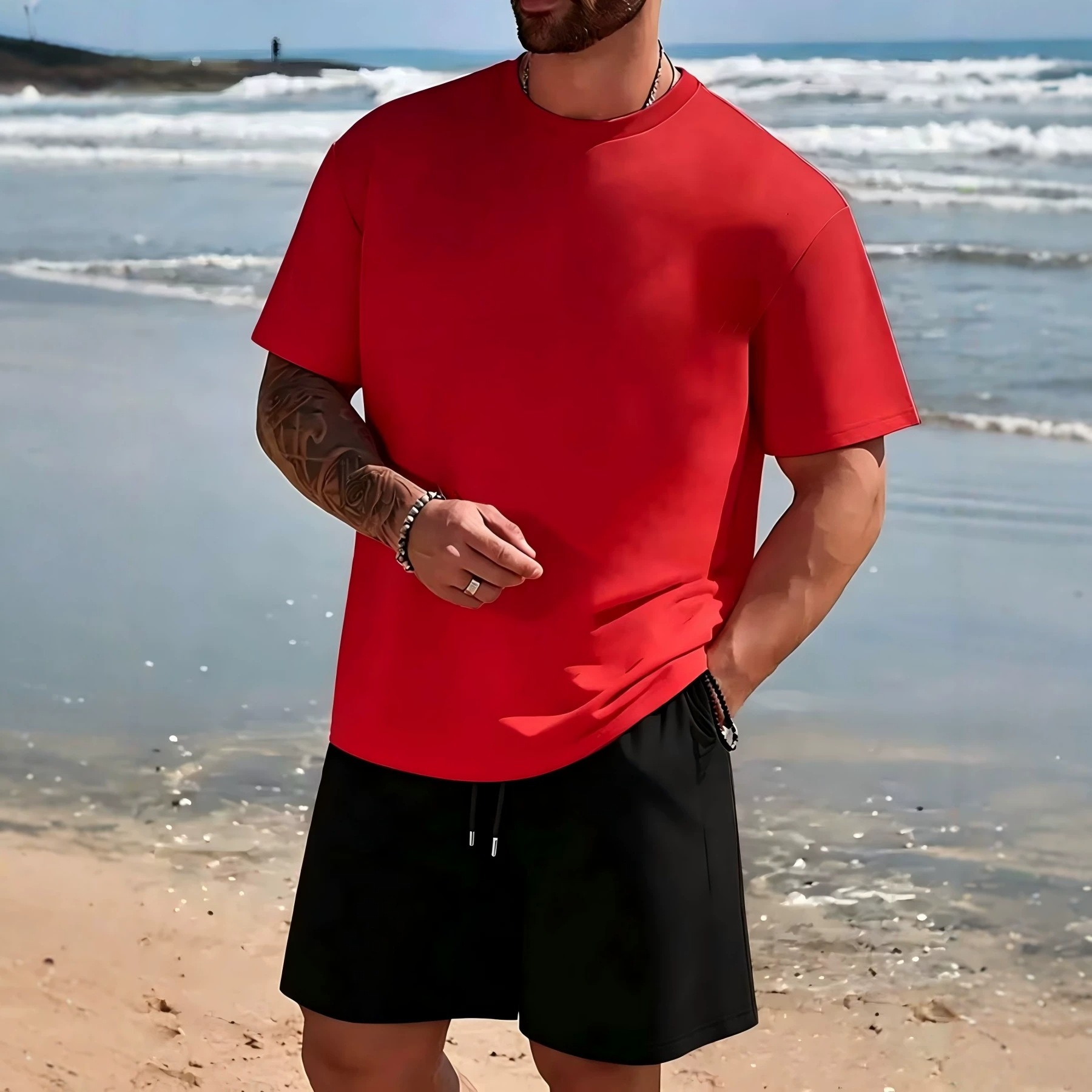 Fábrica de origen a través de la frontera para hacer un modelo de verano para hombres traje casual camiseta de color sólido manga corta manga deportiva