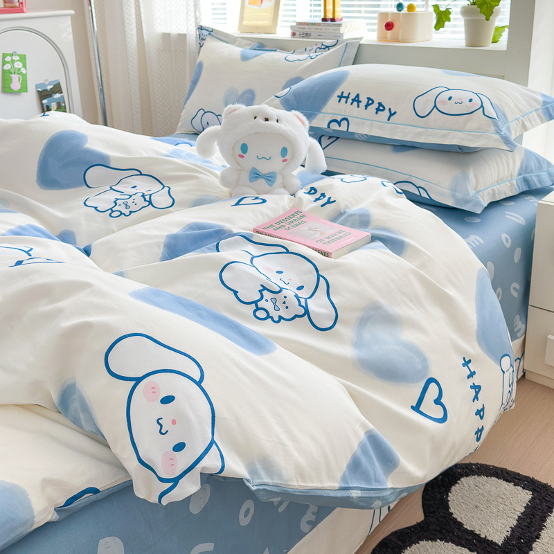 Cama de algodón fresco pequeño conjunto de cuatro piezas de algodón dibujos animados impresos cubierta de edredón dormitorio de estudiantes un solo conjunto de ropa de cama de tres piezas en