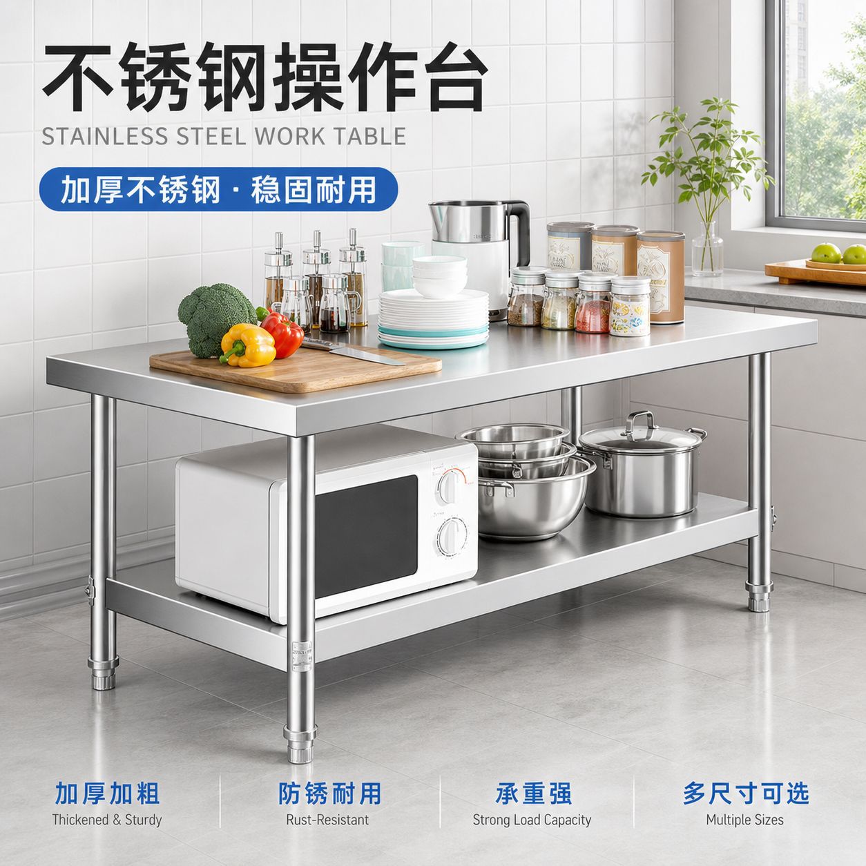 跨境两层不锈钢工作台 长方形切菜操作台 后厨双层多功能操作台面