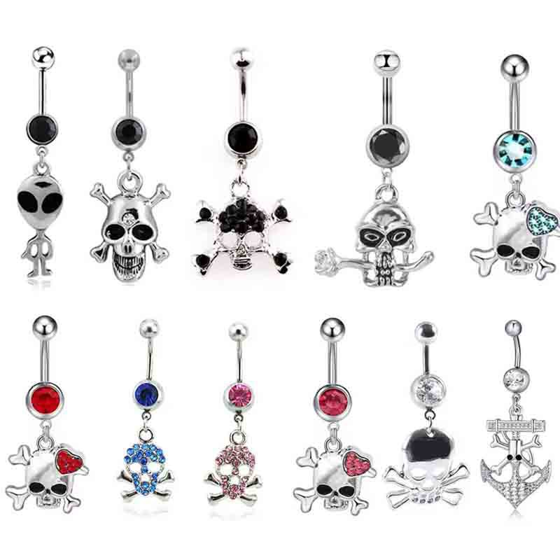 Piercing per ombelico in acciaio inossidabile a forma di teschio, con molteplici opzioni, stile street dark, gioielli per Halloween_voghion.com