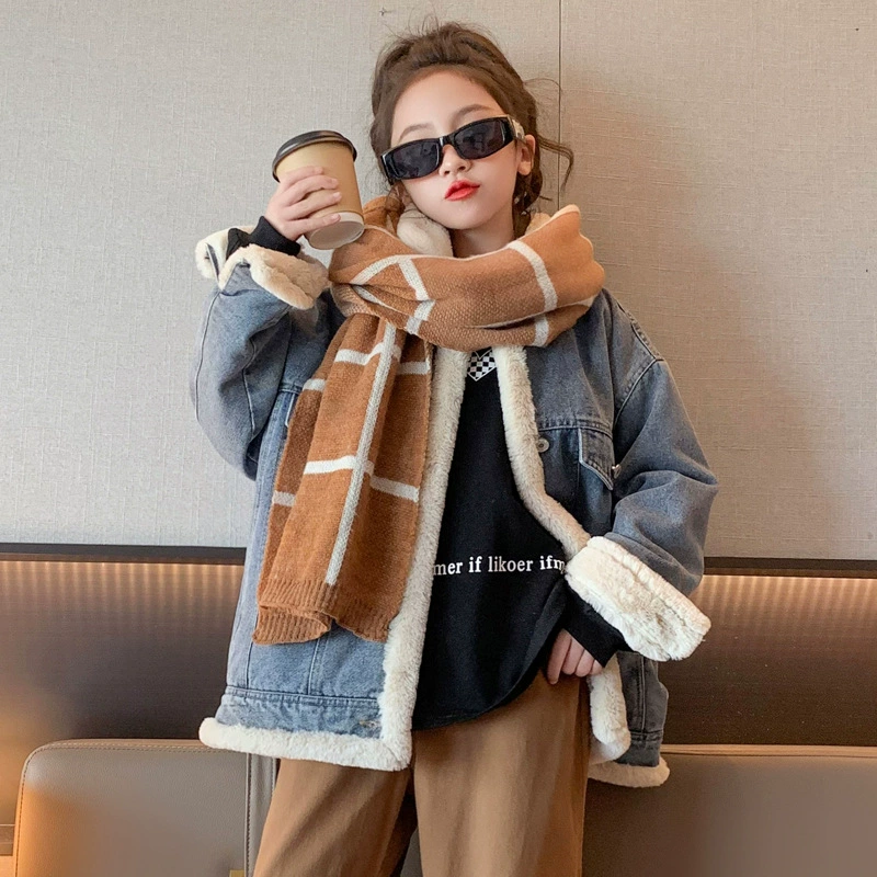 Denim fleece children's winter down jacket, 2022 collection, for teenagers