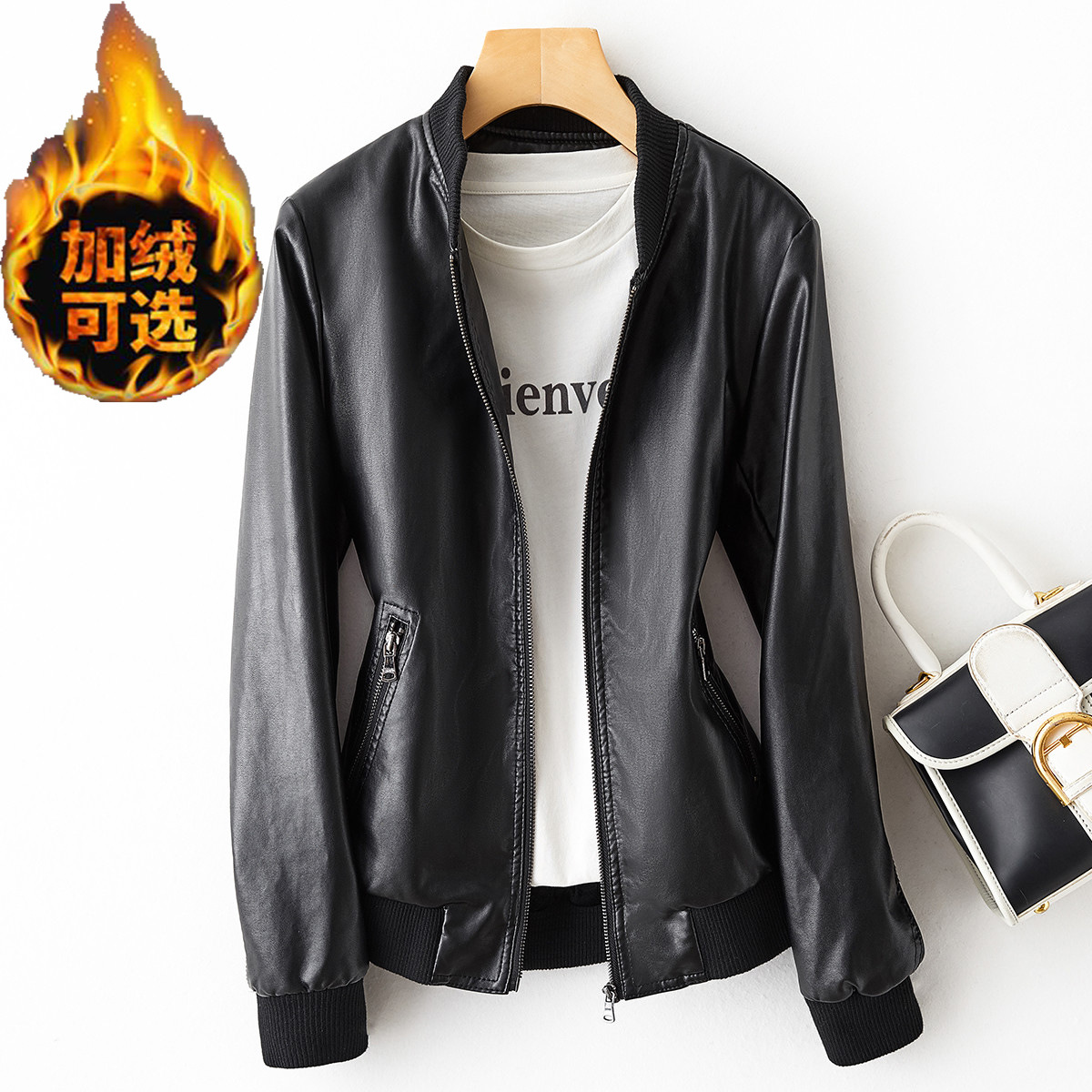 A large number of long-term spot leather women's autumn and winter plus velvet padded Haining women's PU leather jacket short small coat