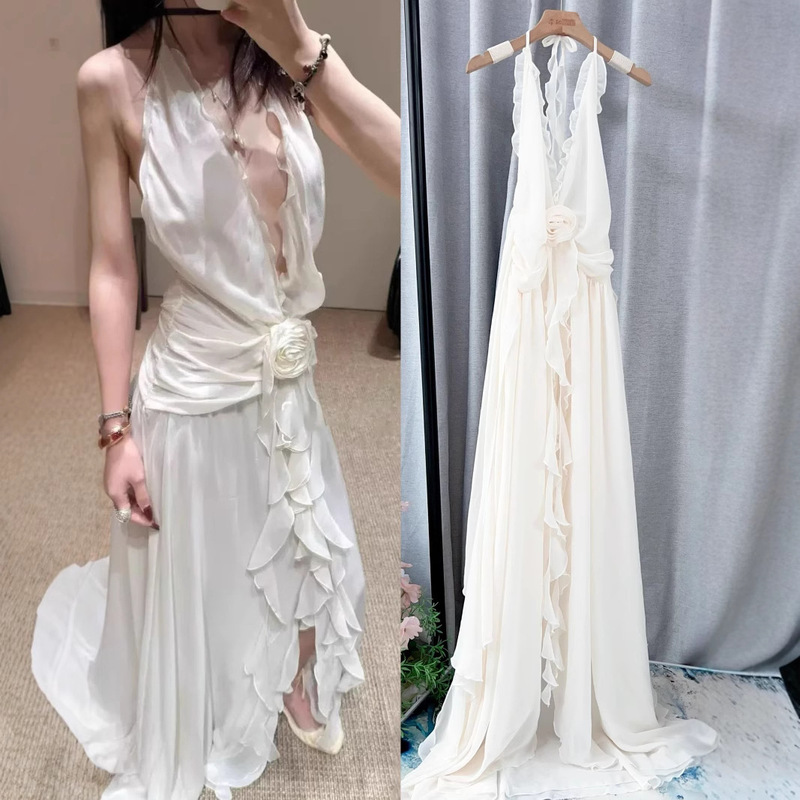 Nanyou in stock/8 colors 2025 elegant neck backless holiday style floral unique unique beach dress