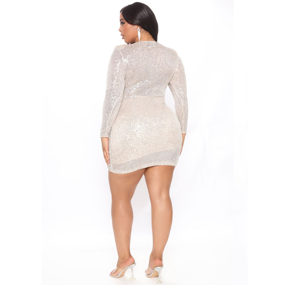 Plus Size Solid Color V-Neck Long-Sleeved Slim Sequin Dress NSYMA81688