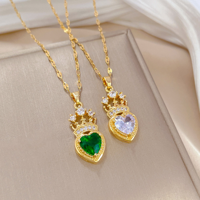 Heart Shape, Crown Pattern Women'S Gender 304 Stainless Steel Zircon Heart Shape Crown Elegant Glam Coffee Bean Chain Pendant Necklace For Women'S