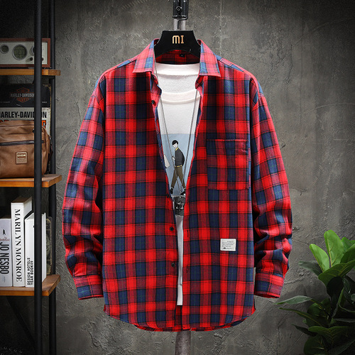 2025 Men's Checkered Long-Sleeve Shirt, Hong Kong Style Fashion Brand Youth Student Stylish Top for Men
