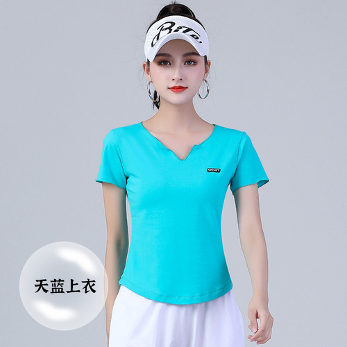 Momo Muda Spring and Summer Square Dance Small V-Neck Top for Women, Sports Fitness Dance Exercise Short-Sleeve T-Shirt Fashion Dance Costume