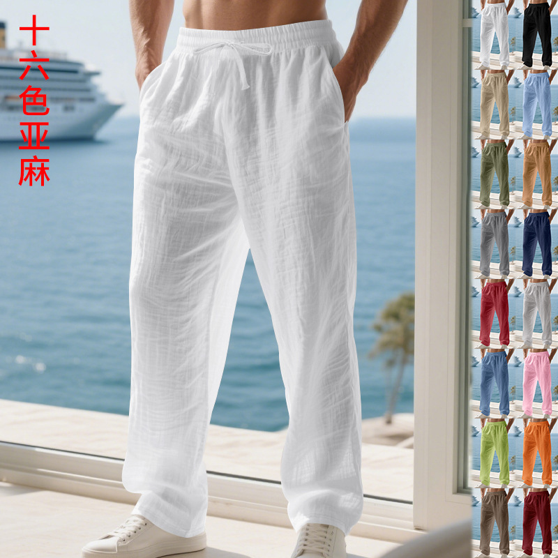 Amazon European and American Men's Cotton and Linen Casual Sports Straight-Leg Pants, Large Size, Loose and Breathable, Summer Linen Beach Pants
