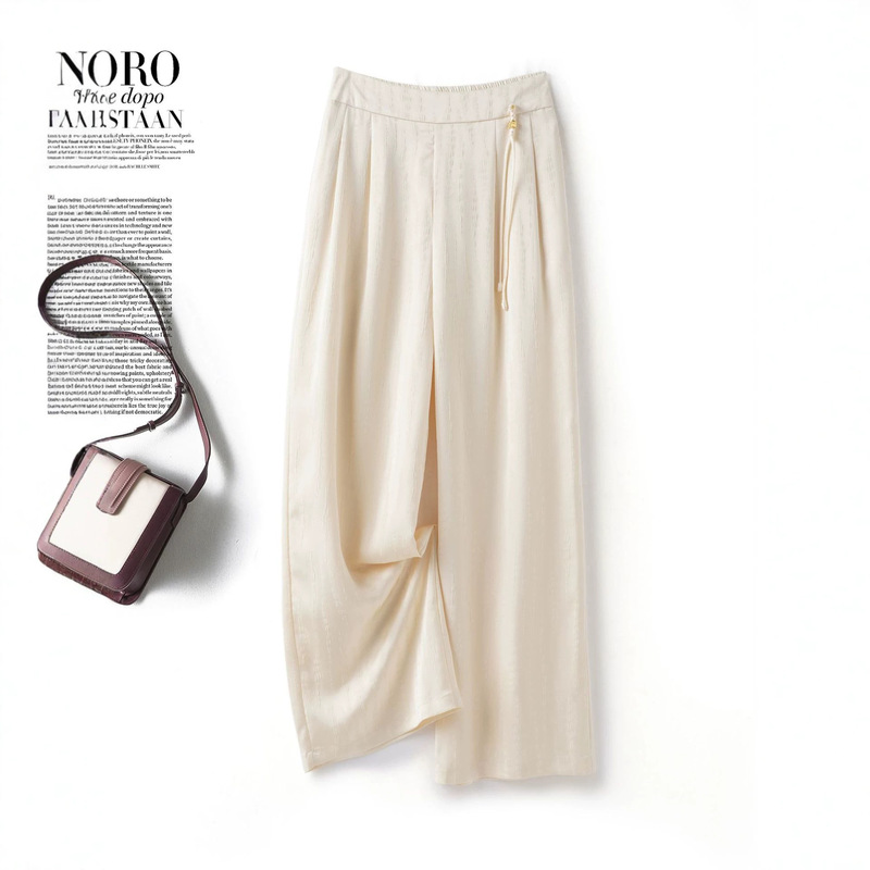 Blue Tassel Leaf Silk Wide-Leg Pants for Women 2026 Summer Thin Loose Vintage Style Drape Casual Pants Cropped Pants