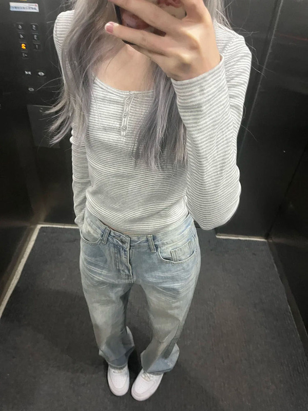 美式复古灰色条纹纽扣U领长袖T恤女早春修身打底衫甜辣bm短款上衣|undefined