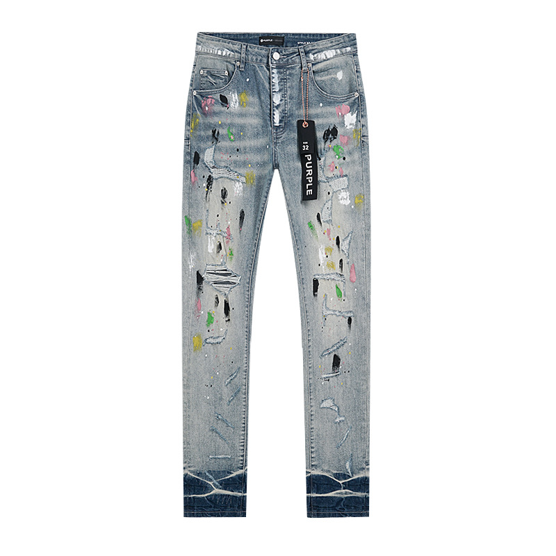 Comercio exterior transfronterizo mayorista purp1e estilo americano marca de alta calle agujero parche de tinta retrógrada lavado jeans pantalones cortos