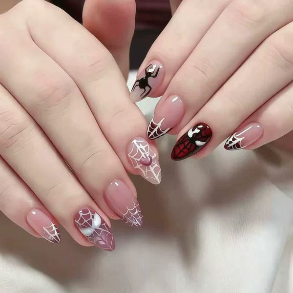 Halloween AB Style 3D Cat Eye Spider-Man Wearable Nails, Popular in Europe and America, Cross-Border Ultra-Short Almond Nail Stickers Wholesale