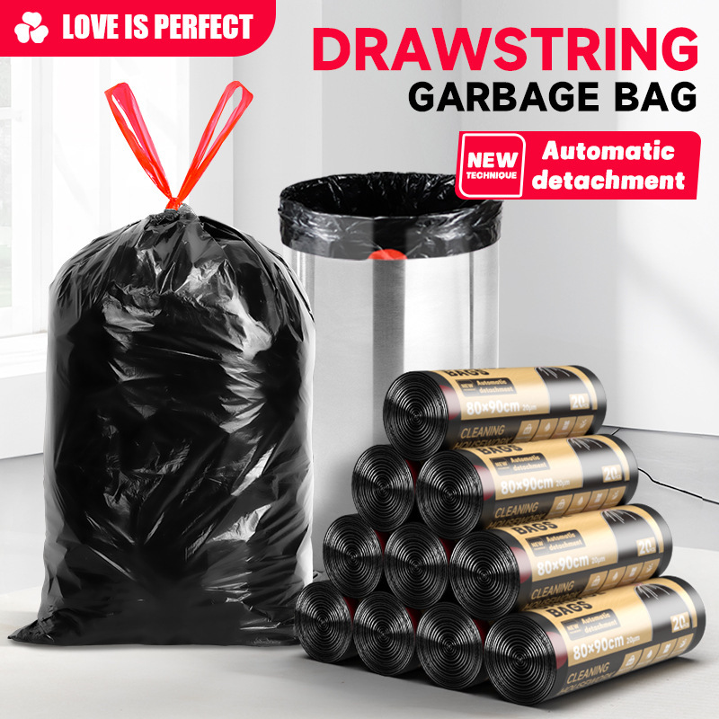 Large Tear-Free Drawstring Garbage Bags 60×70 for Home Use, Thickened and Durable, Black, Suitable for Catering and Commercial Use, 80 Pull-String Bags
